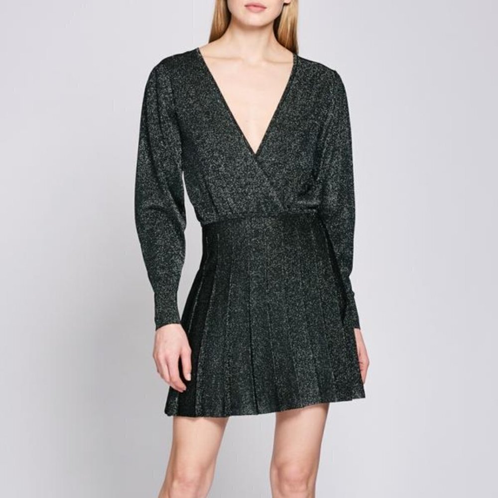 NEW CUSHNIE S Metallic Knit Blouson Mini Sweater Dress Pleated Made in Italy